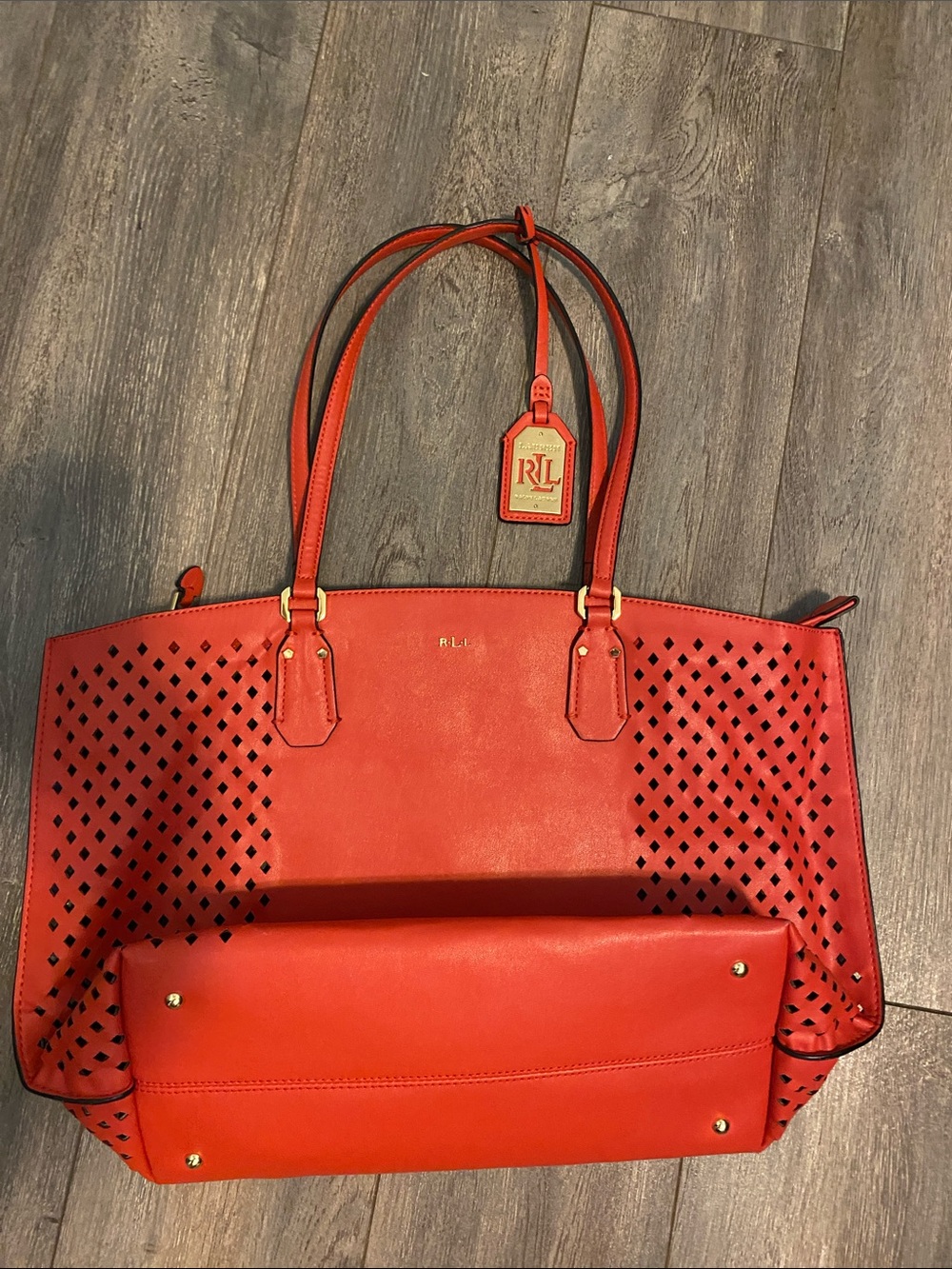 Ralph Lauren Red Perforated Leather Tote with Logo Tag